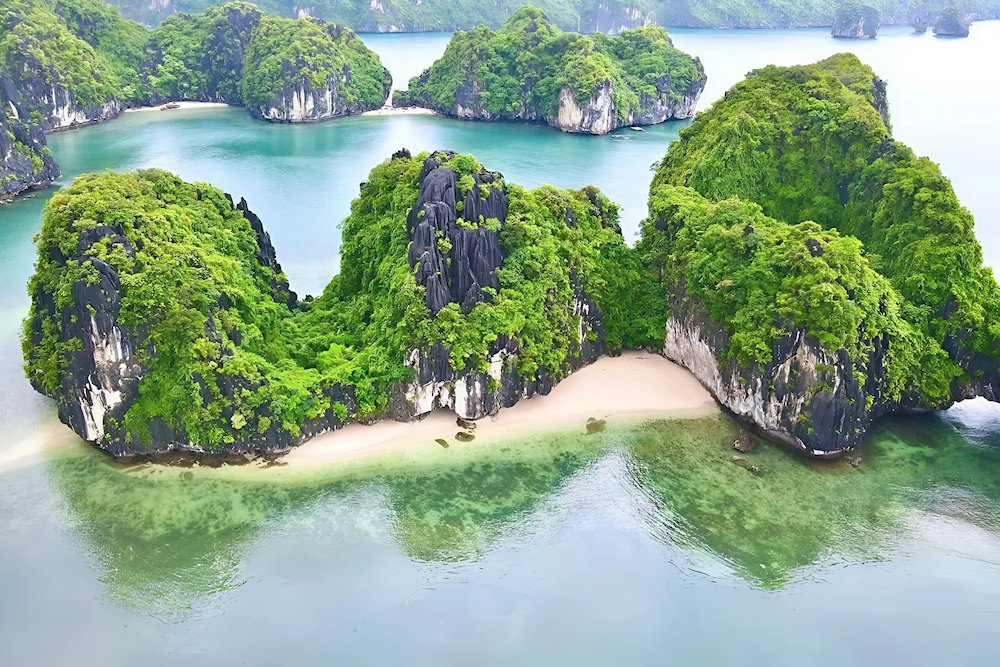 A secluded beach with clear water, only accessible by boat